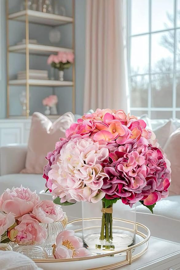 Hollyone Real Touch Pink Hydrangea Artificial Flowers in Vase Latex Large Faux Hydrangea Flowers Arrangements Hydrangeas Fake Flower with Glass Vase with Faux Water for Table Centerpiece Home Decor