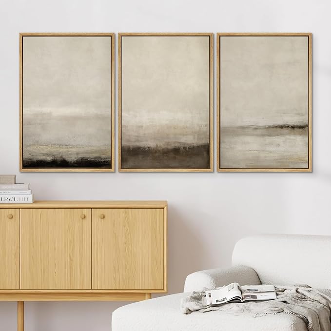 SIGNWIN Framed Canvas Print Wall Art Set Misty Horizons Tranquil Scenery in Monochrome Abstract Modern Art Bohemian Decorative for Living Room, Bedroom, Office - 16"x24"x3 Natural