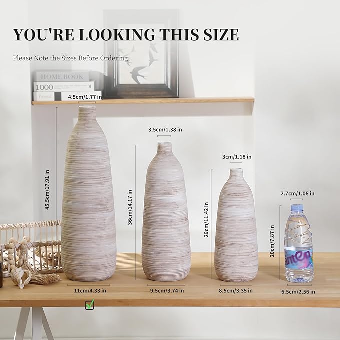 ALMA 2025 Updated 11in Tall White Beige Vase for Boho Home Decor, Thin Ceramic Vase for Single Rose, Pampas Grass, Decorative Rustic Vase for Flowers, Dining Table Centerpieces,Table Top Decoration