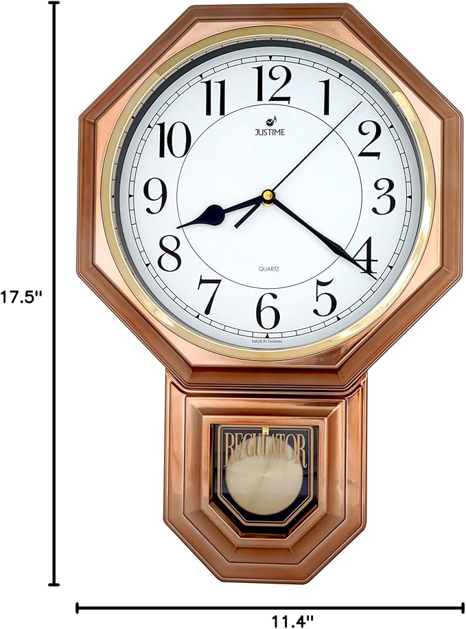 JUSTIME Traditional Schoolhouse Easy to Read Regulator Wall Clock, Chiming Wall Clocks with Pendulum & Westminster Chime Hourly, Schoolhouse Wall Decor Battery Operated (Vintage Copper)