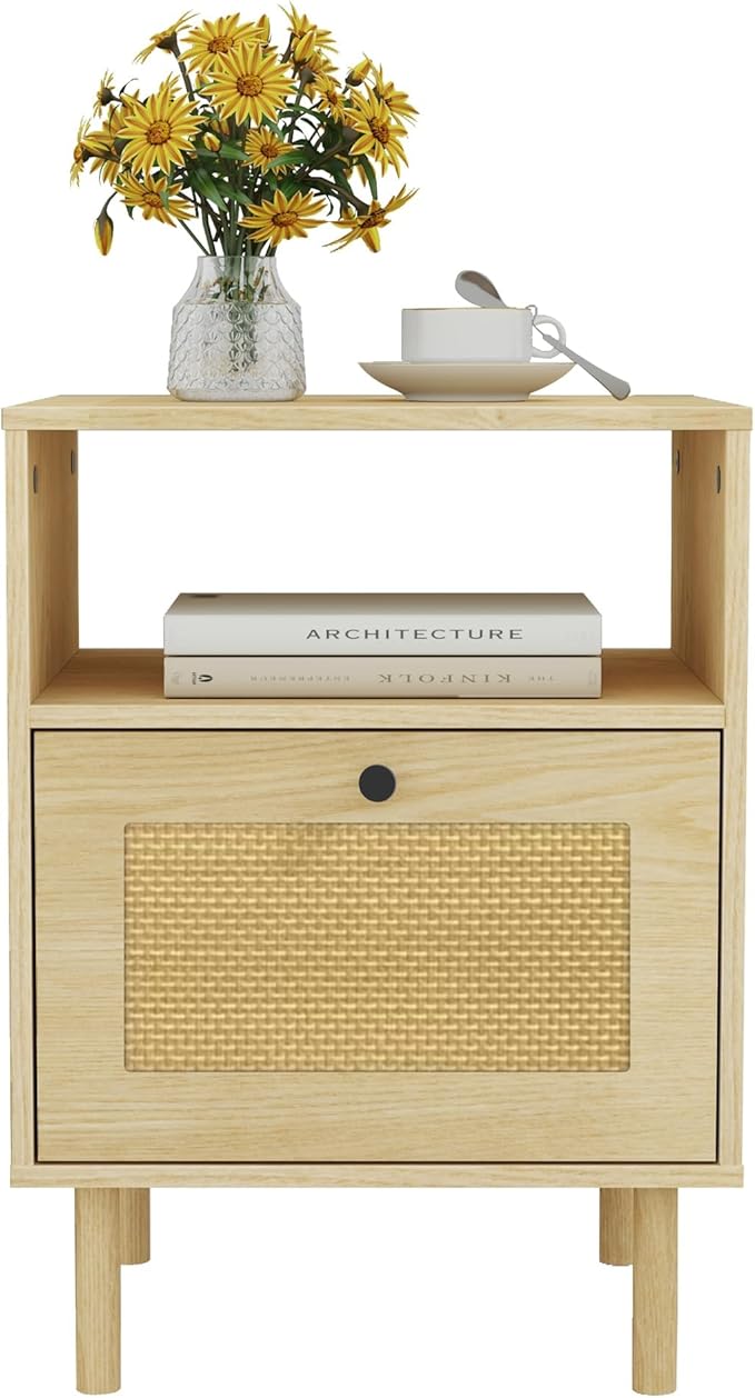 Rattan Nightstand with Storage Boho Modern Farmhouse Bedside Table with Drawer & Open Shelf Light Wood End Table for Bedroom, Living Room, Office, Dorm - Natural Walnut 0ak Color
