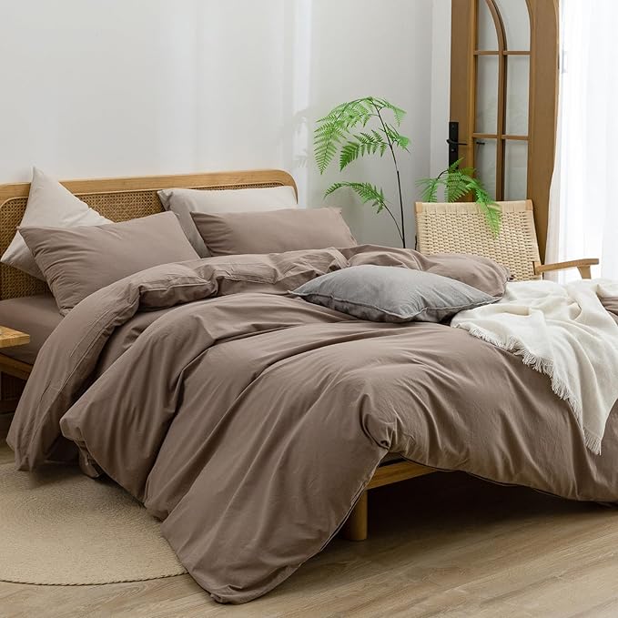 BESTOUCH Duvet Cover Set 100% Washed Cotton Linen Feel Super Soft Comfortable Chic Lightweight 3 PCs Home Bedding Set Solid Pine Bark Brown Oversized Queen