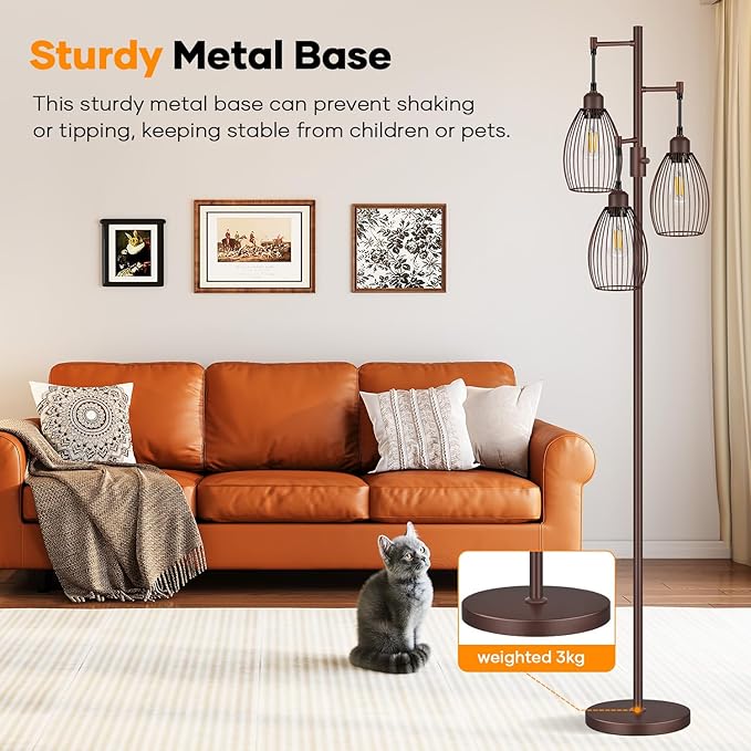 Nintiue Dimmable Floor Lamp,3x800LM LED Bulbs Included, Farmhouse Industrial Floor Lamp Standing Tree Lamp with Teardrop Cage Head Tall Lamp for Living Room Bedroom Office Dining Room - Matte Brown