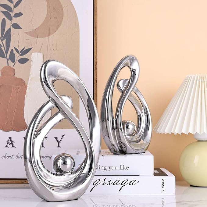 XMGZQ Home Decor Accent,Porcelain Art Mid Century Bookshelf Decorations,Gold Centerpieces for Tables,Abstract Ceramic Statue Sculpture for Coffee Table Mantel Tv Stand Centerpieces (Silver, Large)