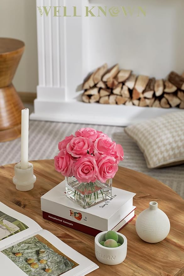 WELL KNOWN Rose Artificial Flowers in Vase with Faux Water, Silk Rose Table Centerpieces for Home Coffee Table Decor, Fake Roses Flower Arrangements for Office Hotel Lavatory Decor (Pink)