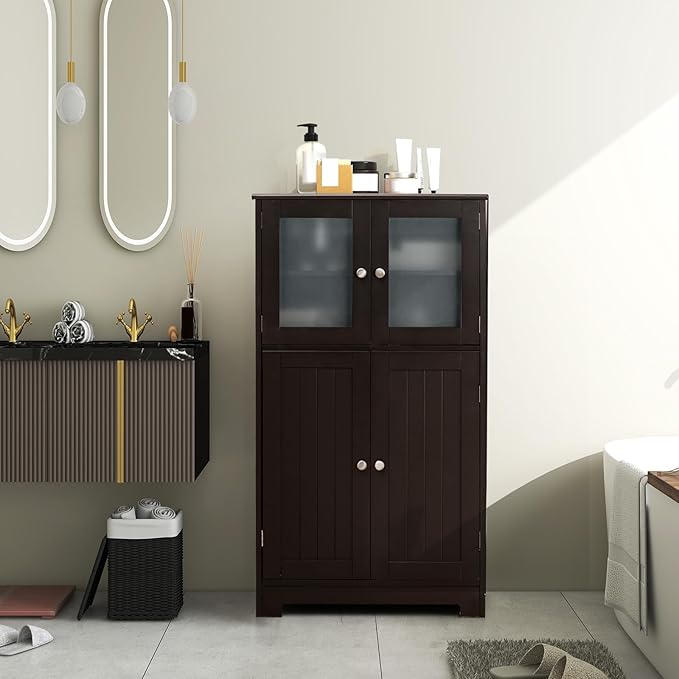 GOFLAME Bathroom Storage Cabinet, Freestanding Storage Cabinet with 4 Doors, Wooden Kitchen Cupboard with Adjustable Shelf, Buffet Sideboard, Multipurpose Home Organizer for Bathroom, Kitchen, Brown