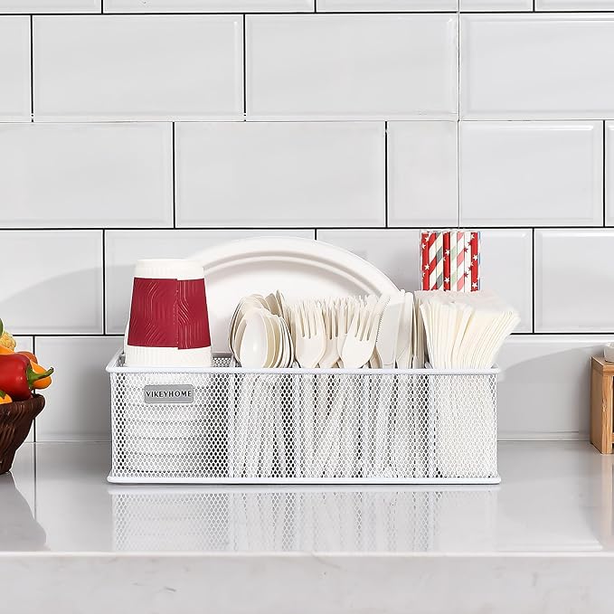 Paper Plate Organizer, Metal Silverware Caddy with 6 Compartments for Knives, Spoons, Cups, Forks, Napkins, Utensil Holder for Party, Camping, Picnic, White