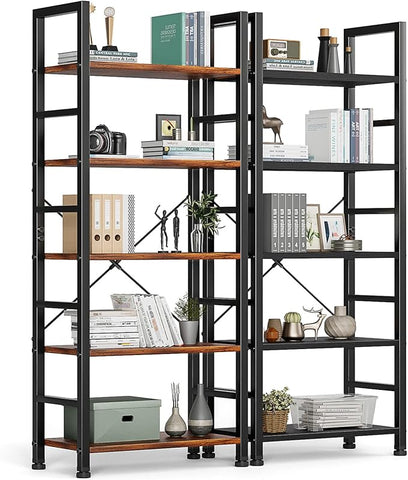 DUMOS 5-Tier Book Shelf Tall Modern Bookcase Set of 2 for Books, CDs, Movies, Storage and Organization Bookshelf Industrial Home Decor for Bedroom Office Kitchen Living Room, Black & Brown