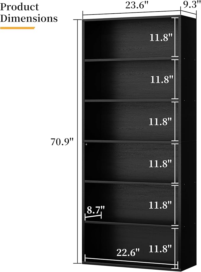 Shintenchi Bookshelf,6-Tier Open Bookcase and Bookshelves,6 Shelf Display Storage Shelves Floor Standing 70.6 inches Tall Bookcase for Home Office, Living Room (Black)