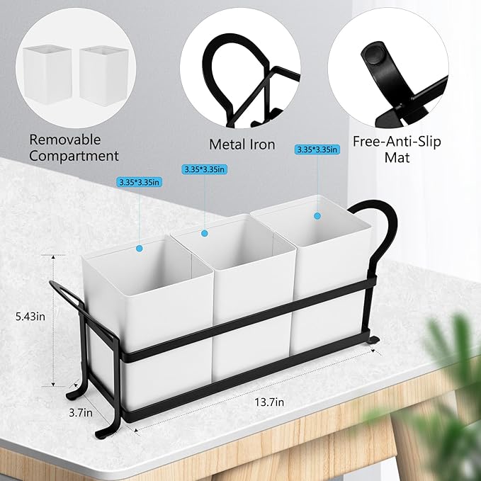 Utensil Holder Silverware Caddy for Party Countertop, 3pcs Bins Set Silverware Caddy Organizer Holders for Spoon and Fork, White and Black
