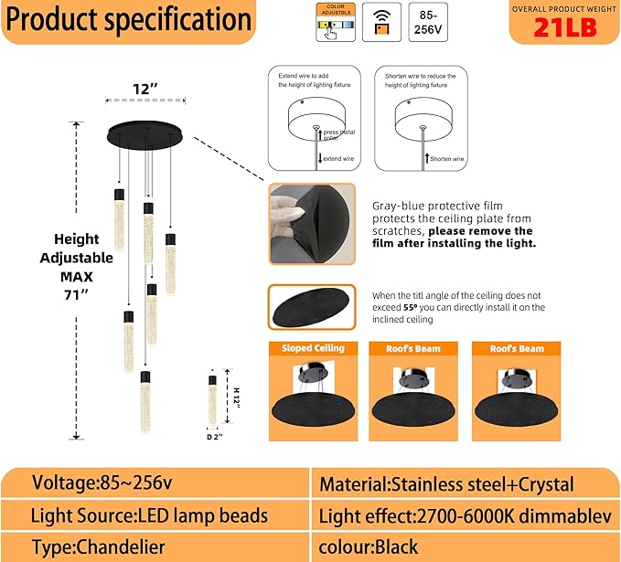 6-Light Black Modern Crystal Raindrop Chandelier for Dining Room Entrance Long Crystal Bubble Column Chandelier for High Ceiling Lighting Fixtures LED Lampara, 3000k-6000K