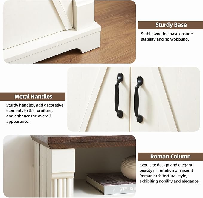 Farmhouse Bathroom Floor Cabinet, Freestanding Storage Cabinet with Double Doors and Adjustable Shelves, Wooden Small Storage for Living Room, Bathroom (Antique White)