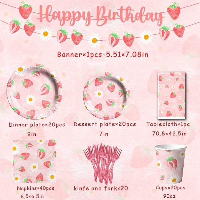Strawberry Party Decorations - Strawberry Themed Birthday Tableware Disposable Plate,Tablecloth,Napkin Sweet One Party Decorations for Berry First Birthday Supplies