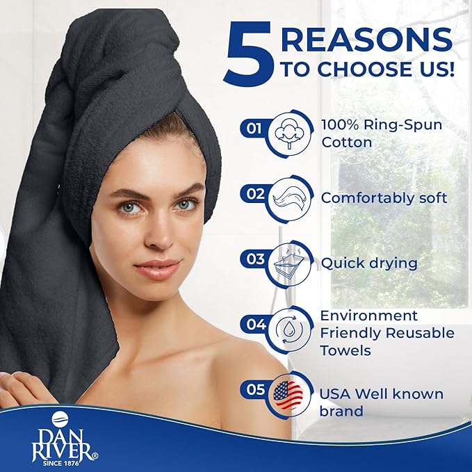 DAN RIVER 8 PC Luxury Bath Towels for Bathroom, 2 Bath, 2 Hand, and 4 Wash Cloths, 600 GSM 100% Ring Spun Cotton Towel Set, Highly Absorbent, Gym, Hotel, and Spa, Charcoal
