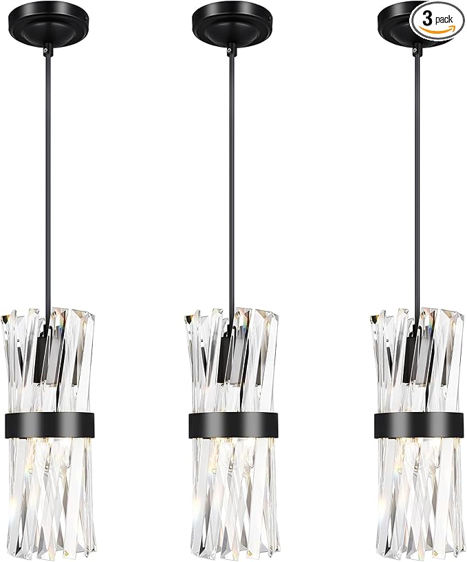 Ken & Ricky 3 Pack Crystal Pendant Lighting, Industrial Island Lights for Kitchen, Black Hanging Light Fixture, Small Chandelier, Adjustable Height and Crystal Bar, KR3356-3PK