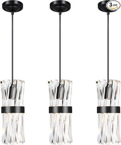 Ken & Ricky 3 Pack Crystal Pendant Lighting, Industrial Island Lights for Kitchen, Black Hanging Light Fixture, Small Chandelier, Adjustable Height and Crystal Bar, KR3356-3PK