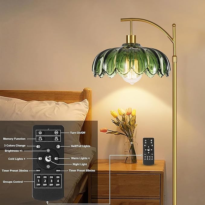 Gold Floor Lamps for Living Room Glass Vintage Floor Lamp with Remote Control,Dimmable Mid Century Modern Standing Lamp with 3 Color Temperature Tall Flower Lamp Brass Floor lamp for Bedroom Corner