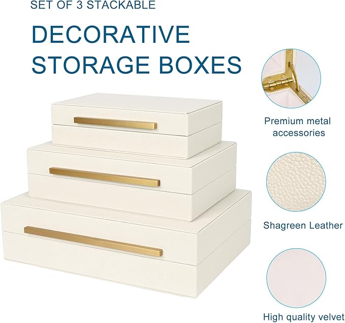 Beige Shagreen Decorative Box Set of 3 - Faux Leather Nesting Storage Boxes with Lids, Large Modern Jewelry Organizer, Stackable Home Decor Box for Bedroom, Bathroom & Office