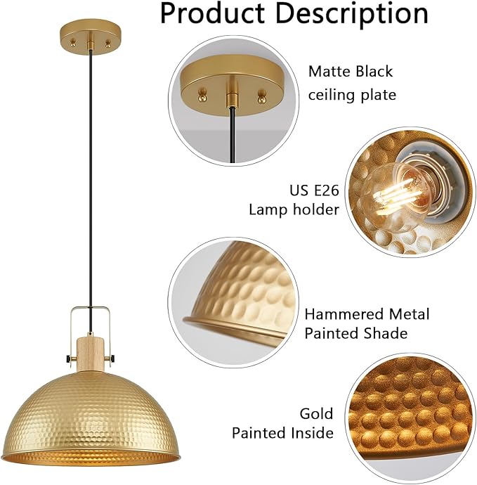 16 Inch Gold Pendant Lights Hammered Matte Pendant Lights for Kitchen Island Industrial Farmhouse Adjustable Height Dome Hanging Light Fixtures for Barn, Dining Room 1 Pack
