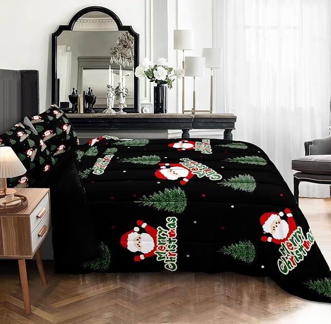 Bedorm Green Christmas Tree Comforter Santa Claus Bedding Set Merry Xmas Holiday Bedroom Decor White Snowflake Black Winter Comforter Set Queen Size