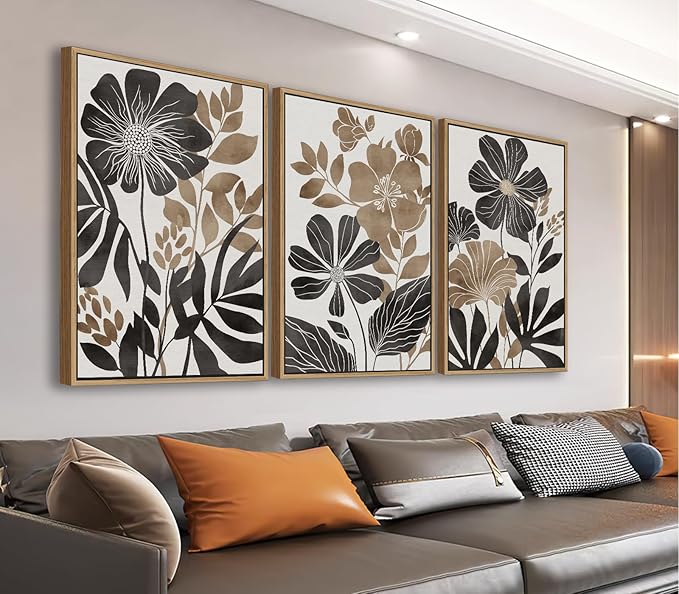 Large Framed Canvas Wall Art - Natural Float Framed Rustic Black Flowers Leaves Pictures Decor Brown Floral Foliage Artwork for Bedroom Living Room Kitchen Home Office Decoration 48" X 24" Set of 3