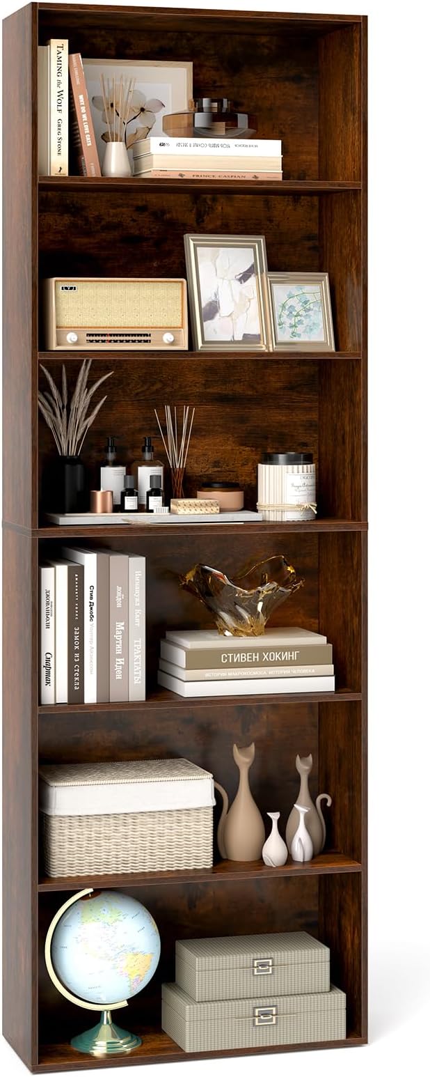 Tangkula 6-Tier Bookcase, 70” Tall Freestanding Bookshelf with 6 Open Shelves, Anti-Toppling Kits, Floor Display Storage Organizer for Living Room, Study, Kitchen, Home & Office (Rustic Brown, 70" H)