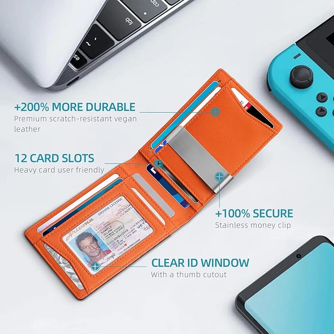 Zitahli Slim Wallet for Men Gifts 12 Card Slots ID Window With Money Clip Minimalist RFID Front Pocket Bifold Leather Small Thin Gift Box Dad Birthday Christmas Regalos Hombres