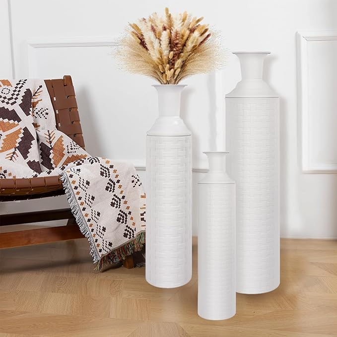Tall Floor Vase for Pampas Grass, Extra Large Vase Decor, Set of 3 Floor Vases Decorative Tall Vases Home Decor, Metal Material, Handcrafted Rattan Pattern, Matte White
