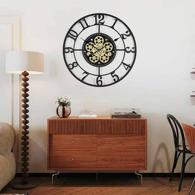 24 Inch Large Wall Clocks for Living Room Decor with Moving Gears,Large Wall Clock Industrial Steampunk,Oversized Metal Analog Wall Clocks for Farmhouse Home Battery Operated