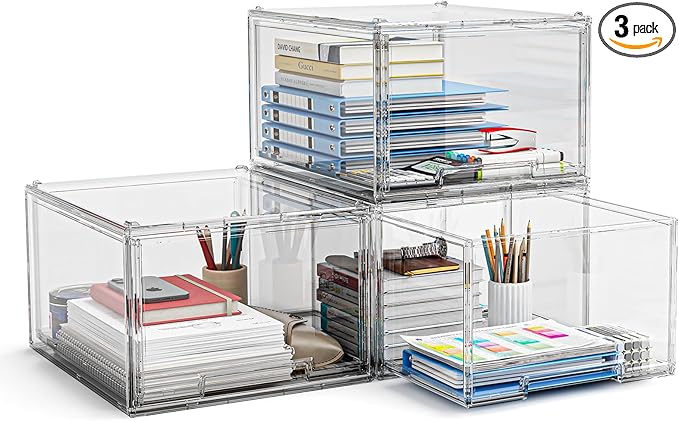 3 Packs Plastic Stackable Storage Drawers, Clear Desktop Drawer Organizers, 3 Drawer Storage Organizer, Make up Organizer with Drawers, Arcylic Drawers Organizer for Office Supplies, School, Home