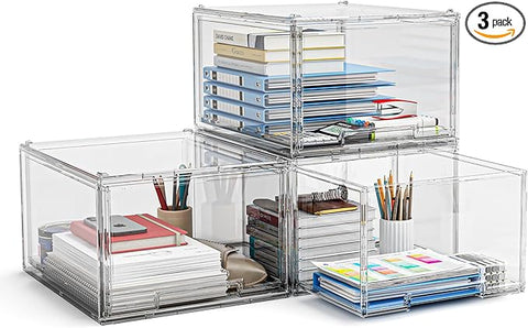 3 Packs Plastic Stackable Storage Drawers, Clear Desktop Drawer Organizers, 3 Drawer Storage Organizer, Make up Organizer with Drawers, Arcylic Drawers Organizer for Office Supplies, School, Home