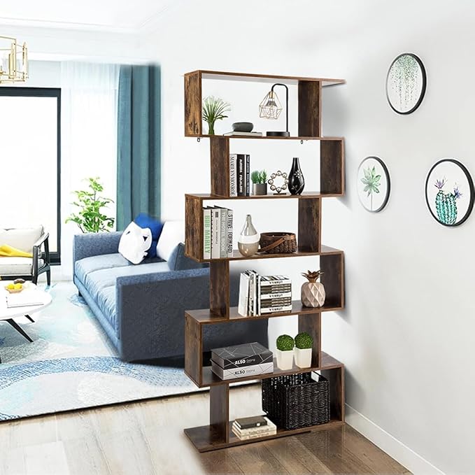 Tangkula 6-Tier Geometric Bookcase, Modern S-Shaped Storage Display Bookshelf for Living Room, Anti-Toppling Device, Home Office Wooden 6 Shelf Open Bookcase (1, Coffee)