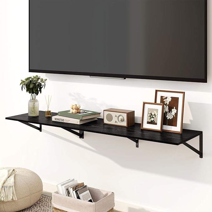 Fun Memories Floating Shelves for Wall, 12 Inch Deep Floating Shelves Set of 2, 36W x 12D Large Wall Shelf with Sturdy Metal Brackets for Living Room, Bathroom, Bedroom and Kitchen, Black