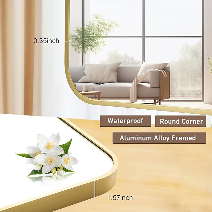FARMER 48x30 Inch Matte Gold Bathroom Mirrors for Wall, Brushed Bathroom Vanity Mirror with Rounded Edge, Metal Framed Rectangle Mirrors for Bathroom or Living Rooms, Hangs Horizontally or Vertically