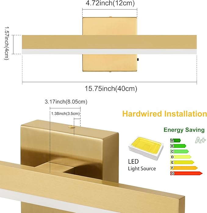 Gold Bathroom Vanity Light 15.75 inch, 12W Dimmable 5CCT LED Modern Bathroom Light Fixture Over Mirror - ETL Certificated