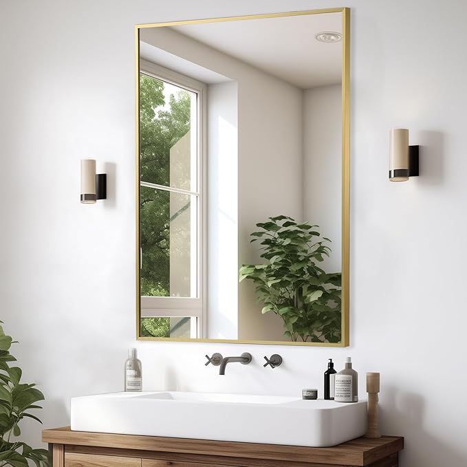 Gold Bathroom Mirror, 22"x30" Rectangle Mirror, Brushed Gold Mirror, Metal Frame Square Corner Vanity Mirror, Wall Mounted Mirror for Modern, Living Room, Bedroom, Horizontal Or Vertical
