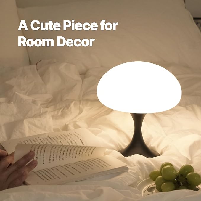 Mushroom Lamp, 5W LED Cordless Rechargeable Table Lamp with Glass Shade, Small Retro Dimmable Touch Light with 3 Color Temps, Aesthetic Mid Century Bedside Light for Bedroom Ambient, Black