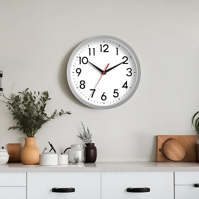 Wall Clock Small Analog 8 Inch Silent Non Ticking Battery Operated Modern Simple Decorative for Kitchen Office Bedroom Bathroom Living Room(Silver)