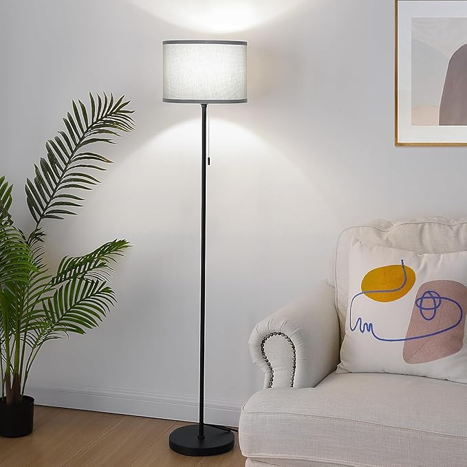 FOLKSMATE Floor Lamp for Living Room, Modern LED Simple Standing Lamp, Minimalist Tall Light for Bedroom, Office, Kids Room, Reading, Black Pole With Grey Shade, Without Bulb
