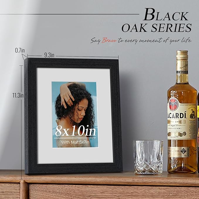 VCK 8x10 Picture Frame 2 Pack, Natural Wood Grain Black Oak & HD Glass, Display 5x7 Photos with Mat or 8x10 without Mat, Tabletop or Wall Hanging