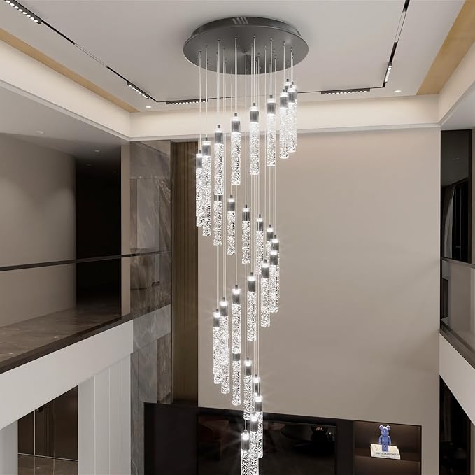 Large Crystal Chandeliers for High Ceiling H150inch Large Spiral Crystal Column Chandelier Lighting Fixture for Foyer Stair 32-Light Black