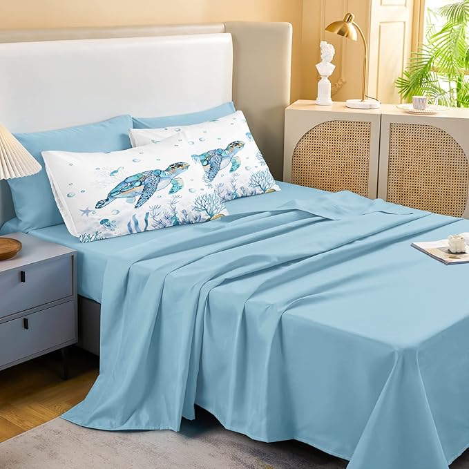 Sea Turtle Comforter 8 Pieces King Size Bed in a Bag Beach Ocean Bedding Sets with 1 Turtle Comforter, 1 Teal Blue Flat Sheet, 1 Fitted Sheet, 4 Pillowcases, 1 Cushion Cover(Sea Turtle, King)