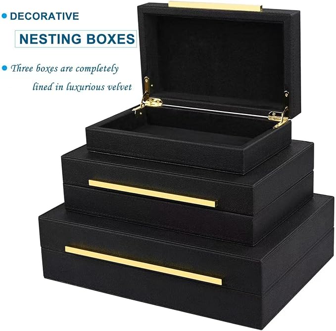 Black Shagreen Box Faux Leather Set Of 3 Pcs Storage Decorative Boxes,Modern Stacking Decorative Boxes with Lids For Home Decor Coffee Table Top Storage Jewelry Box Organizer