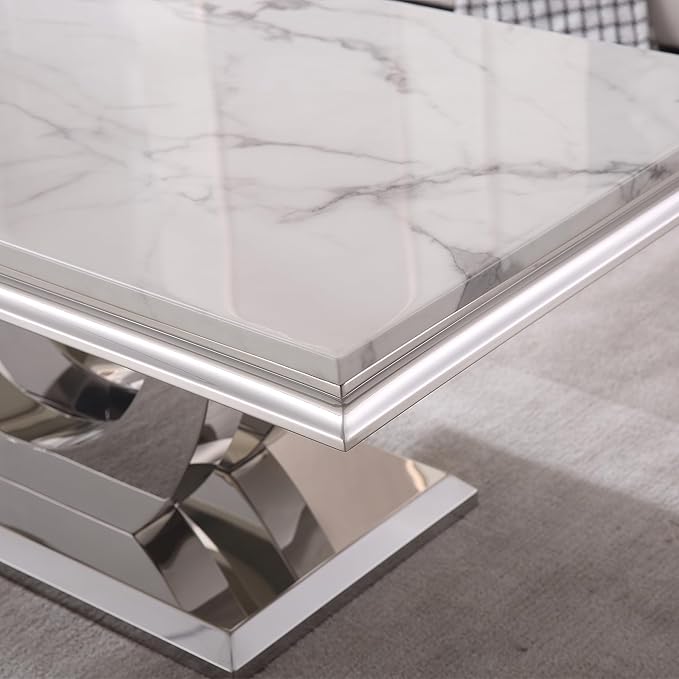 SSLine Rectangular Faux Marble Coffee Table for Living Room Modern Luxury White Marble Center Table with Silver Dual U-Shape Base 46.8" Mid-Century Cocktail Table with Mirrored Stainless Steel Frame