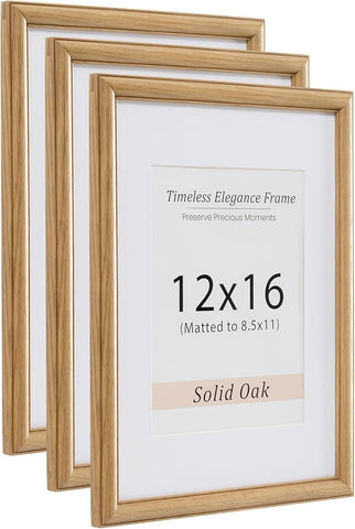 12x16 Picture Frame, Natural Solid Wooden Picture Frames with Tempered Glass, Display 8.5x11 with Mat or 12x16 Without, Vertical or Horizontal Wall Hanging Photo Frame, Natural Oak Color, 3 Pack
