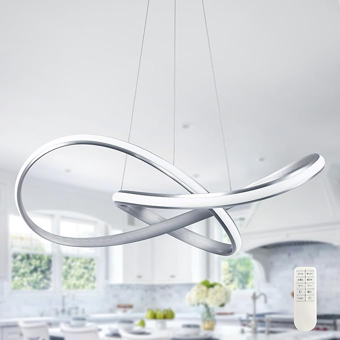 Modern LED Pendant Light Fixture Contemporary Ring Chandelier Nickel with 3000K-6000K Dimmable Remote Control and 79in Height Adjustable for Foyer Living Room Bedroom Dining Room