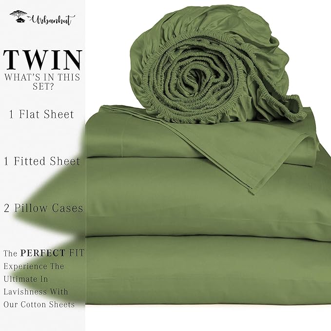 URBANHUT 700 Thread Count Egyptian Cotton Twin Sheets, 4Pc Sheet Set Soft Luxury Bed Sheets for Twin Size Bed, Sateen Weave Hotel Sheets, 14'' Elasticized Deep Pocket - Sage