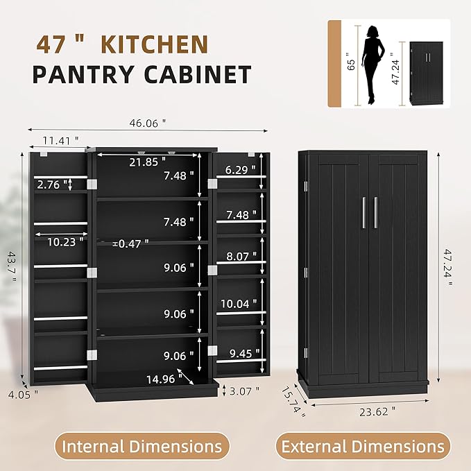 Shintenchi Kitchen Pantry Cabinet,5 - Layer Storage Cupboard with Adjustable Shelves for Organizing and Storing Food Items,47'' Versatile Buffet Sideboard for Kitchen, Bathroom and Laundry,Black