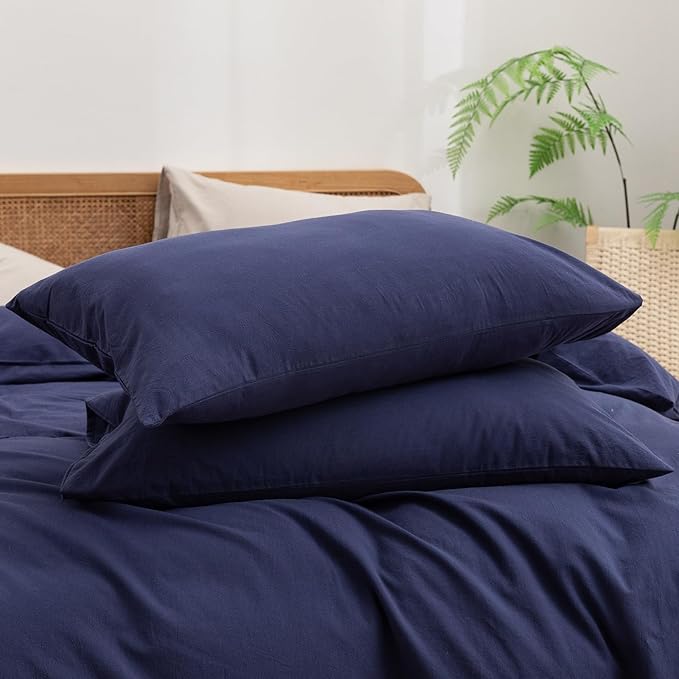 BESTOUCH Duvet Cover Set 100% Washed Cotton Linen Feel Super Soft Comfortable Chic Lightweight 3 PCs Home Bedding Set Solid Navy Blue Oversized King