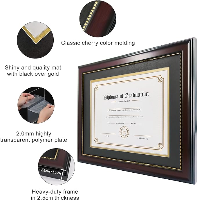 GraduatePro 8.5x11 Diploma Frame with Black Over Gold Mat or Display 11x14 Document Without Mat, CPA License Frame, UV Protection Acrylic, Mahogany with Gold Beads